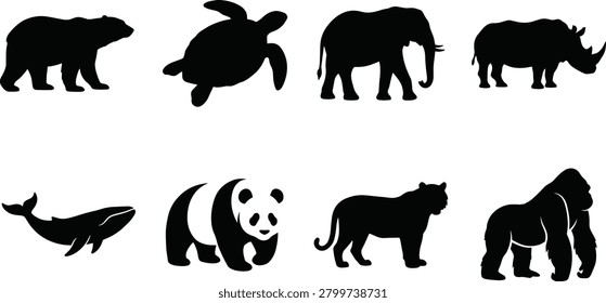 Black silhouette wild animal vector icons set featuring a bear sea turtle elephant rhinoceros whale panda tiger and gorilla for wildlife conservation design