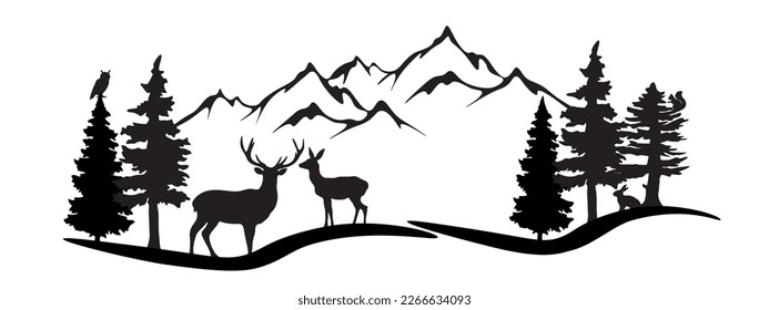 Black silhouette of wild animals mountains and forest fir trees camping wildlife landscape panorama illustration icon vector for logo, isolated on white background