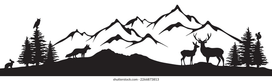 Black silhouette of wild animals mountains and forest fir trees camping landscape panorama illustration icon vector for logo, isolated on white background