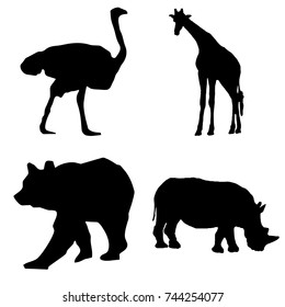 black silhouette wild animals vector set - ostrich, giraffe, bear, rhinoceros