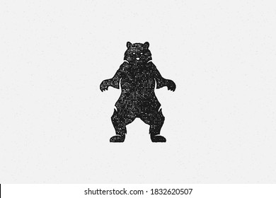 Black silhouette wild bear standing on hind legs as emblem of nature exploration hand drawn stamp effect vector illustration. Vintage grunge texture on old paper for poster or label decoration.