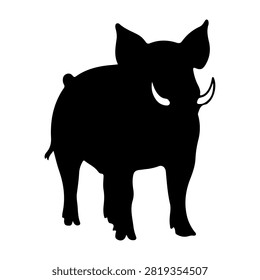 A black silhouette of a wild boar standing in profile against a white background, highlighting its distinctive tusks and sturdy body.