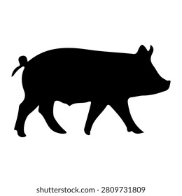 A black silhouette of a wild boar walking, showcasing its distinctive shape and features against a plain background.