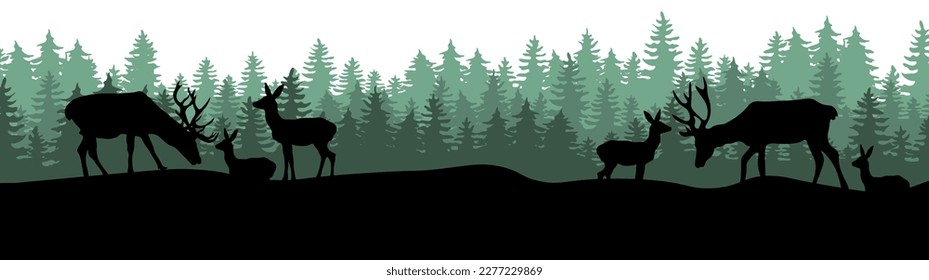 Schwarze Silhouette wild lebender Hirschfamilien und grüne Tannenbäume, auf denen wild lebende Tiere und Pflanzen auf der Landschaft zelten, Panorama-Symbol, Vektorgrafik für Logo, einzeln auf weißem Hintergrund