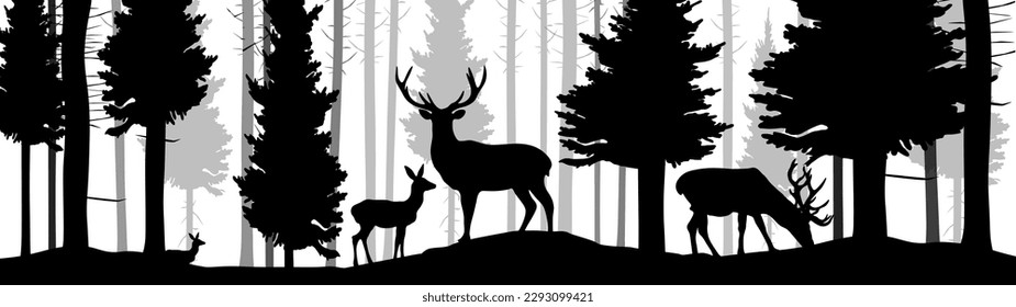 Black silhouette of wild deer and forest fir trees camping wildlife landscape panorama illustration icon vector for logo, isolated on white background