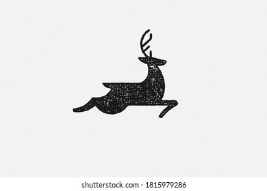 Black silhouette wild deer with huge antlers as symbol of wildlife hand drawn stamp effect vector illustration. Vintage grunge texture on old paper for poster or label decoration.