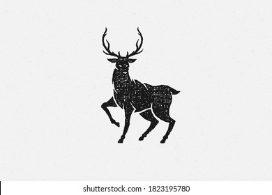 Black silhouette wild deer with huge antlers as symbol of wildlife hand drawn stamp effect vector illustration. Vintage grunge texture on old paper for poster or label decoration.