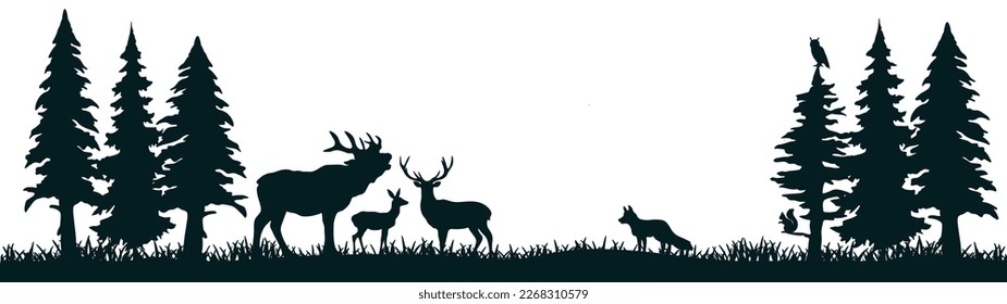 Black silhouette of wild forest woods animals and forest fir trees camping adventure wildlife landscape panorama illustration icon vector for logo, isolated on white background	
