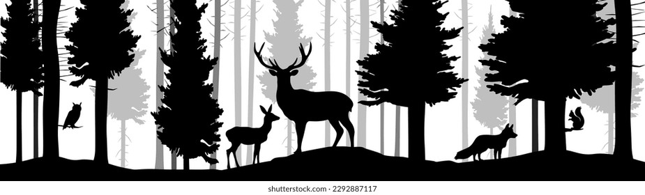 Black silhouette of wild forest woods animals deer and forest fir spruce trees camping adventure wildlife hunting landscape panorama illustration icon vector for logo, isolated on white background	
