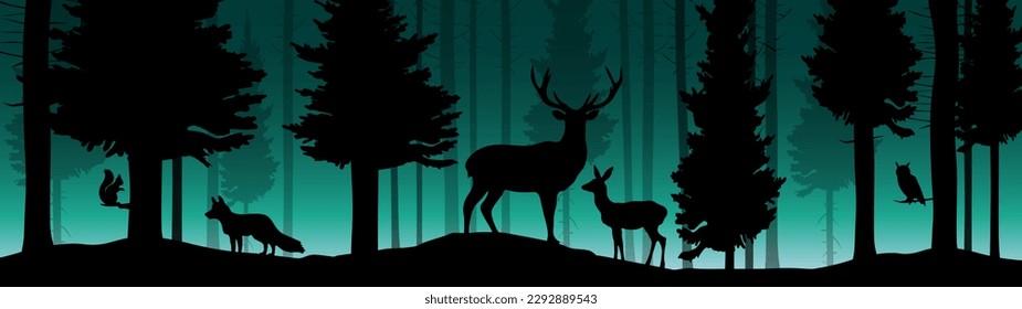 Black silhouette of wild forest woods animals deer and forest fir spruce trees camping adventure wildlife hunting landscape panorama illustration icon vector for logo	