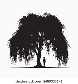 black silhouette of willow tree isolated white background