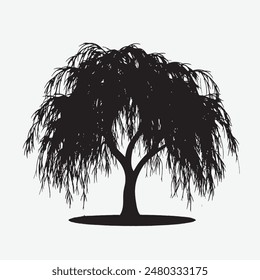 Schwarze Silhouette des Weidenbaums isolierter weißer Hintergrund