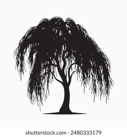 black silhouette of willow tree isolated white background