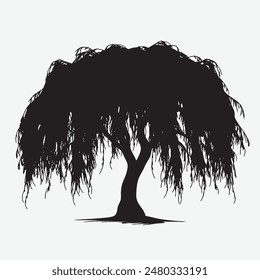 black silhouette of willow tree isolated white background