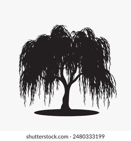 black silhouette of willow tree isolated white background