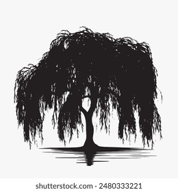 black silhouette of willow tree isolated white background