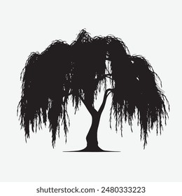 black silhouette of willow tree isolated white background
