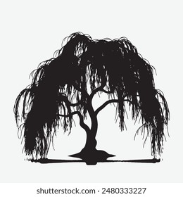 silueta negra del árbol de sauce aislado fondo blanco