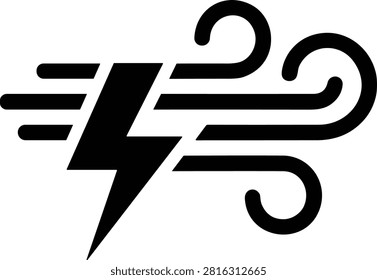 Black silhouette of wind and lightning icon, weather element, storm, thunder, electricity, power, natural phenomenon, climate, energy, air.