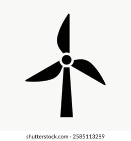 Black silhouette of a wind turbine with three blades. Wind turbine icon, renewable energy symbol. Simple wind turbine design on a white background. Vector isolated on white.