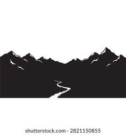 Black silhouette of a winding river flowing through a vast mountain range with jagged peaks and dense forest under a clear white sky