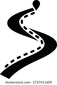 Uma silhueta preta de uma estrada sinuosa com uma linha tracejada no centro e um marcador de destino no topo.