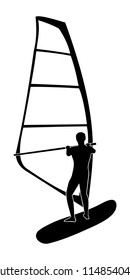 Black Silhouette of a Windsurfing Man from Behind Isolated on White Background Vector