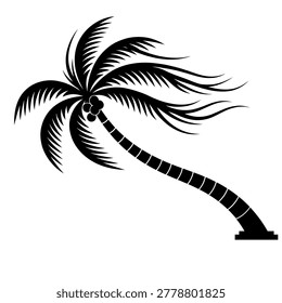 Black silhouette of a windswept coconut palm tree isolated on a white background