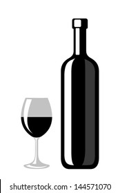 Black Silhouette Of Wine Bottle And Glass. Vector Illustration.