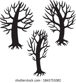 Black silhouette of winter trees without foliage - three trees isolated in white background, with branches and roots. Outline flat design. Vector illustration made after hand drawn sketch.
