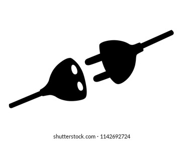 Black silhouette. Wire plug and socket. Black power cable. Vector illustration in flat design. Isolated on white background.