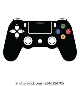 Silhueta preta de um controlador de jogo sem fio com botões coloridos em um plano de fundo branco simples design