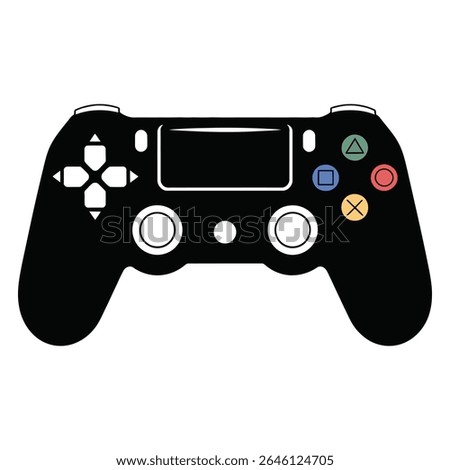 Black silhouette of a wireless game controller with colorful buttons on a white background simple flat design