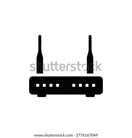 A black silhouette of a wireless router with two antennas, representing internet connectivity, network access, and data transmission. It's a symbol of modern technology.