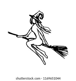Black silhouette with witch. attribute for Halloween isolated.