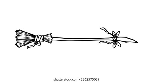Black silhouette of witch broom. Halloween party. Isolated image of sorceress accessory. Wizard besom
