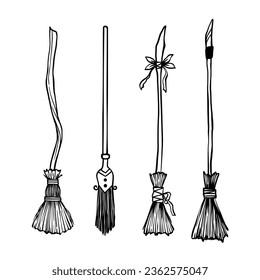 Black silhouette of witch broom. Halloween party. Isolated image of sorceress accessory. Wizard besom