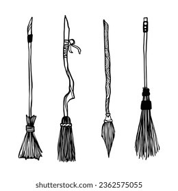 Black silhouette of witch broom. Halloween party. Isolated image of sorceress accessory. Wizard besom