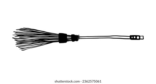 Black silhouette of witch broom. Halloween party. Isolated image of sorceress accessory. Wizard besom