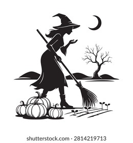 Black silhouette of a witch with a broom standing among pumpkins in a night landscape