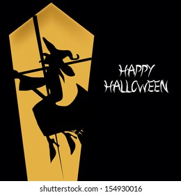 a black silhouette of a witch flying in a full moon in halloween