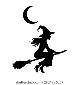 A black silhouette of a witch flying on a broomstick beneath a crescent moon, creating a mystical and magical night scene.