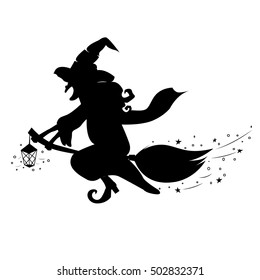 Black silhouette of a witch flying on a broom. Halloween illustration.vector