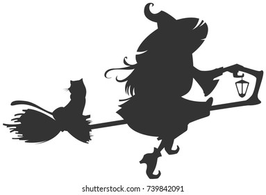 Black silhouette of witch flying on broom. Isolated on white vector illustration