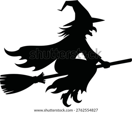 Black silhouette of a witch flying on a broomstick, isolated on a light background. Classic Halloween concept featuring a spooky witch with hat and flowing cloak. Perfect for Halloween designs, posters, decorations, and seasonal artwork.