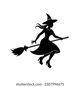 Black silhouette of a witch flying in vector image, perfect for spooky Halloween designs.