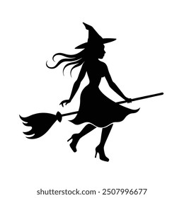 Black silhouette of a witch flying in vector image, perfect for spooky Halloween designs.