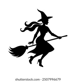 Black silhouette of a witch flying in vector image, perfect for spooky Halloween designs.