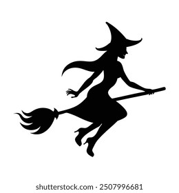 Black silhouette of a witch flying in vector image, perfect for spooky Halloween designs.