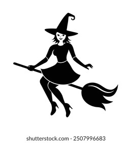 Black silhouette of a witch flying in vector image, perfect for spooky Halloween designs.